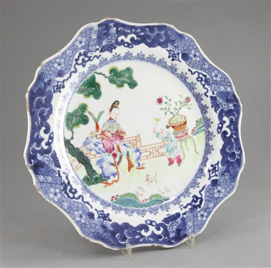 A Chinese famille rose petal lobed dish, Qianlong period, diameter 31.5cm, hairline crack